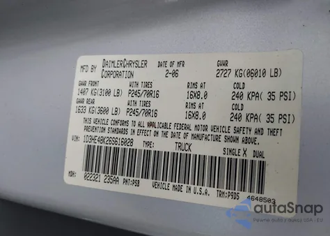 2006 Dodge Dakota Slt from USA, damaged, VIN 1D3HE48K26S616028